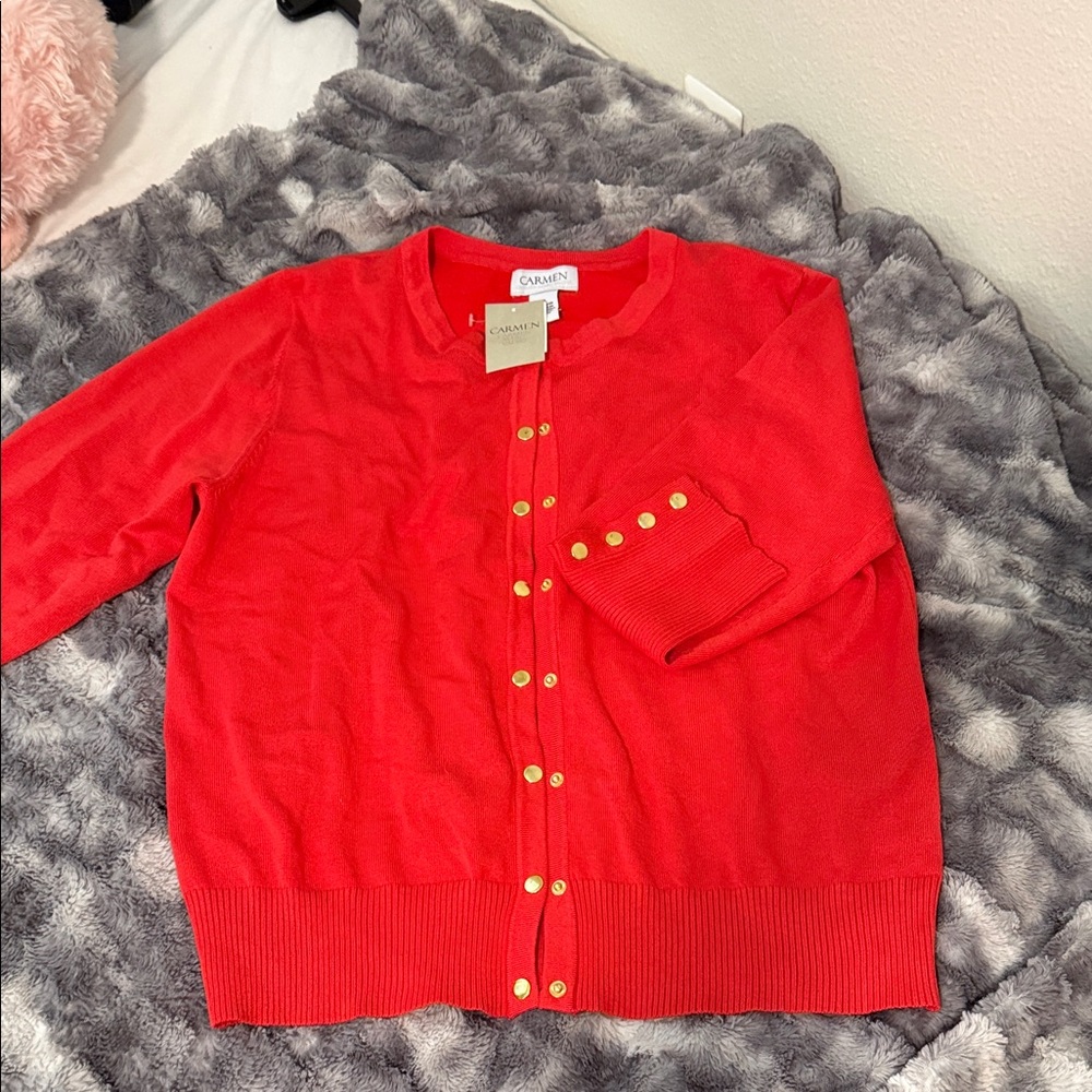 Carmen Marc Valvo Red Cardigan with Gold Buttons